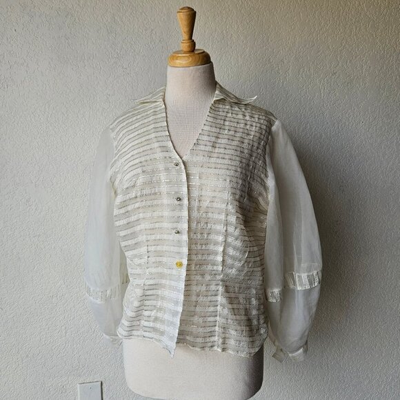 Vintage 1950s Cream White Silver Metallic Sheer Blouson Sleeve Blouse Top M/L - Picture 1 of 10